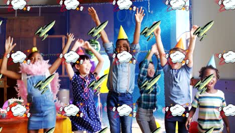 rocket and cloud icon moving against kids wearing party hats dancing