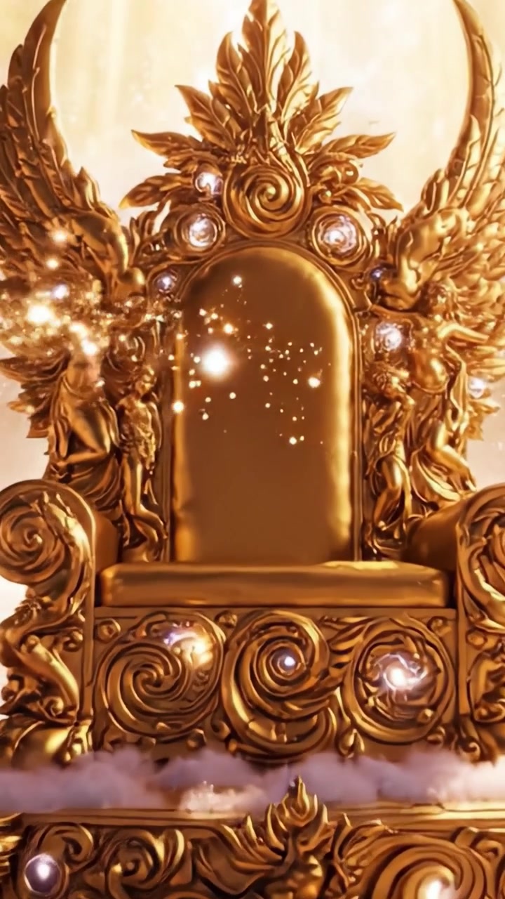 Maestoso trono dorato con figure alate: un simbolo di potere ed eleganza adornato con dettagli intricati e gioielli luminosi in un paesaggio nuvoloso onirico.