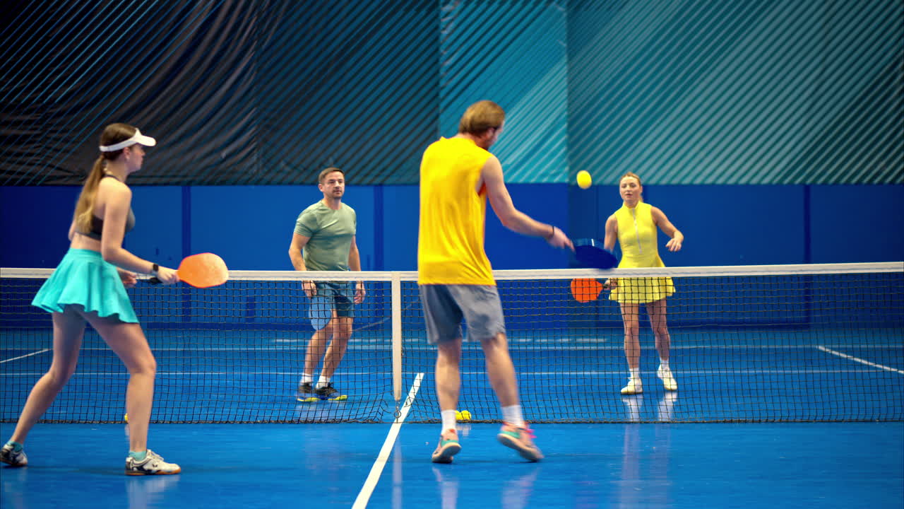 Two men and two women playing pickleball on a blue, inside court