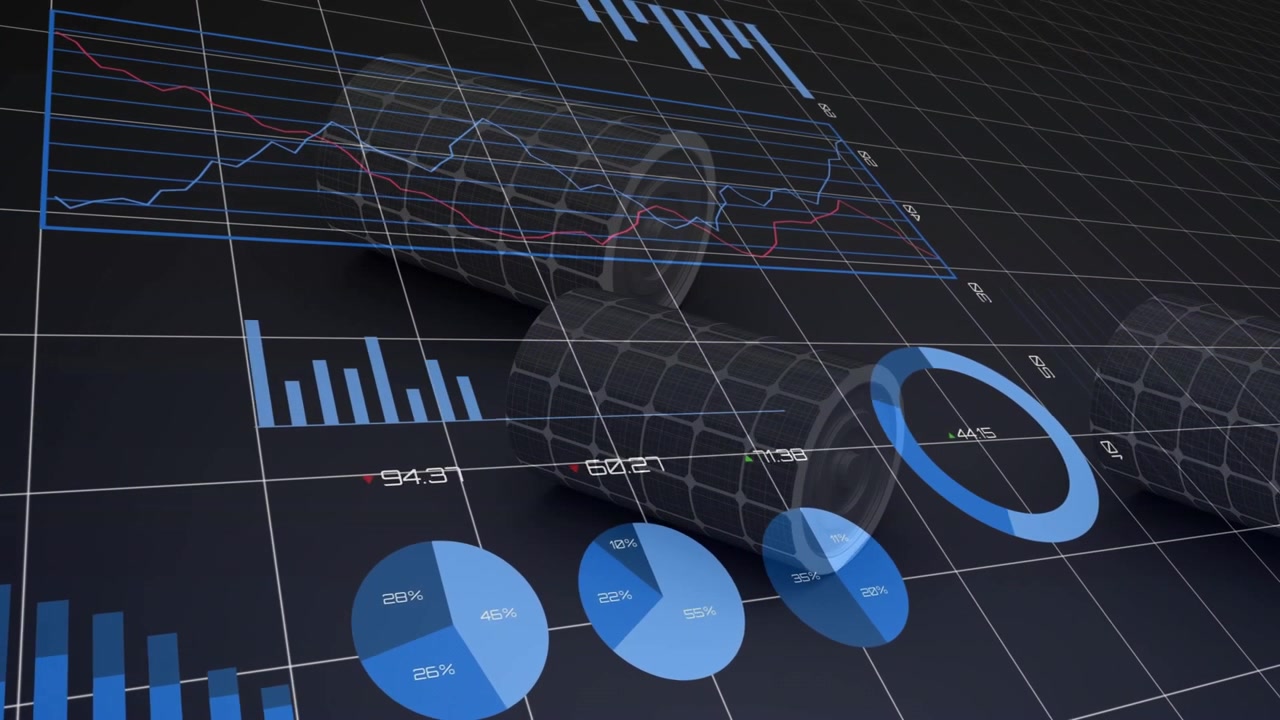 on sequence start 3D tubes rotating, rolling while ring chart sliding forward, showing data