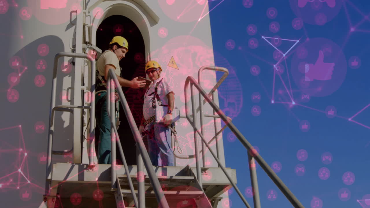 Construction workers on platform with digital network animation over blue sky