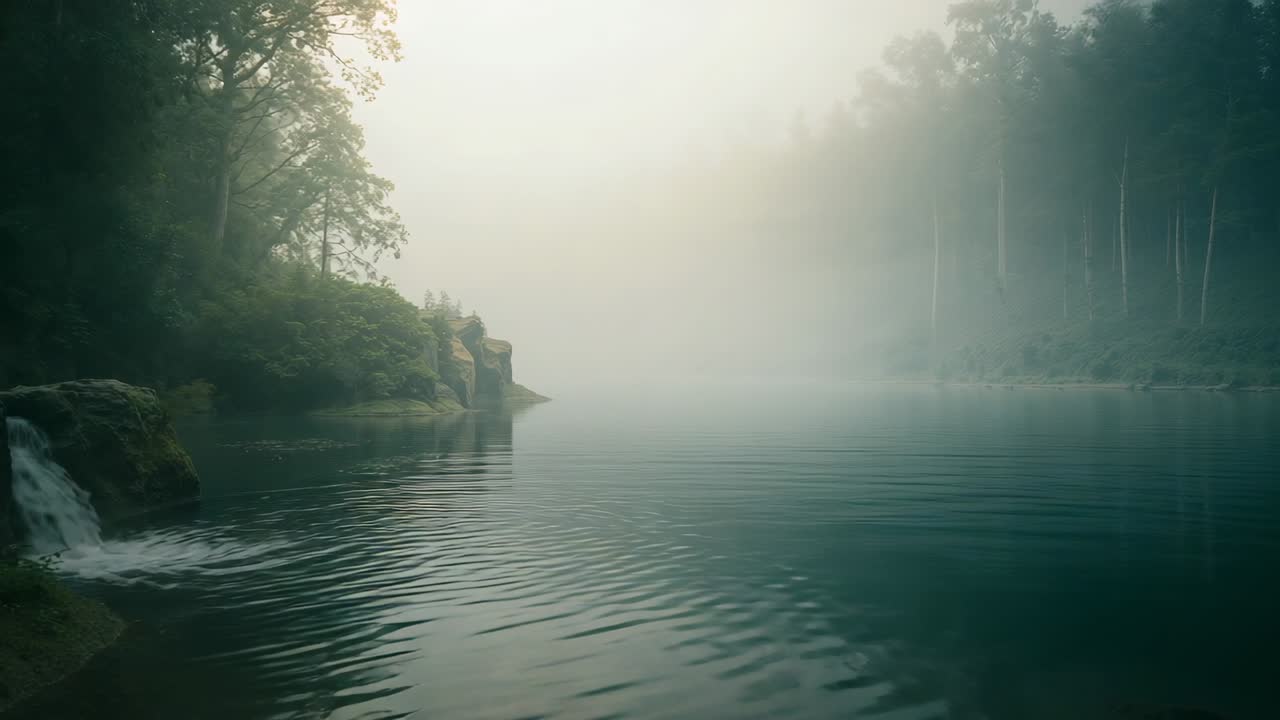 Recording forest lake vista, showing mist thickening while waterfall cascading over mossy rocks