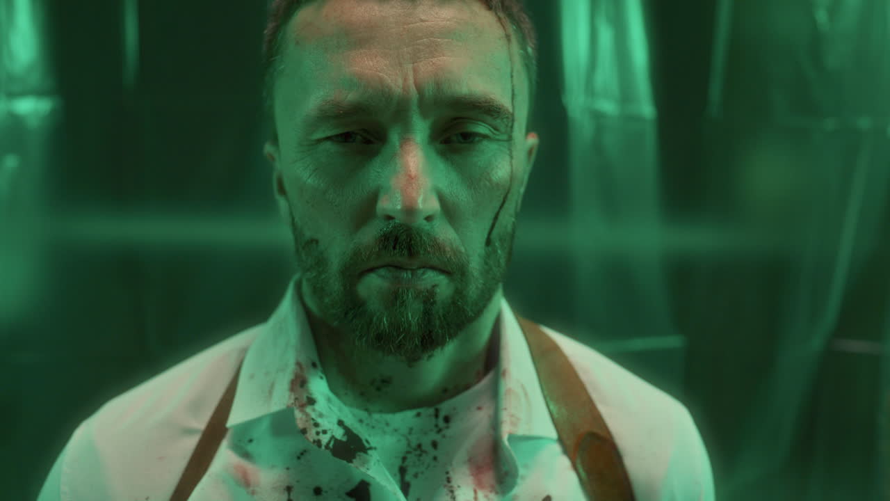 녹색 빛 아래 피로 얼룩진 셔츠를 입은 고문된 남자의 초상화