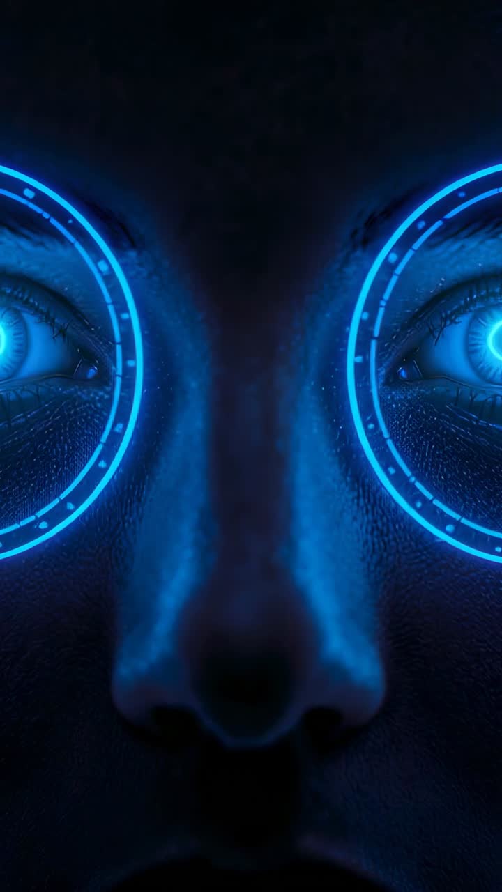 Vertical video: Animating closeup face with HUD rings brightening in dark void, showing lit pupils