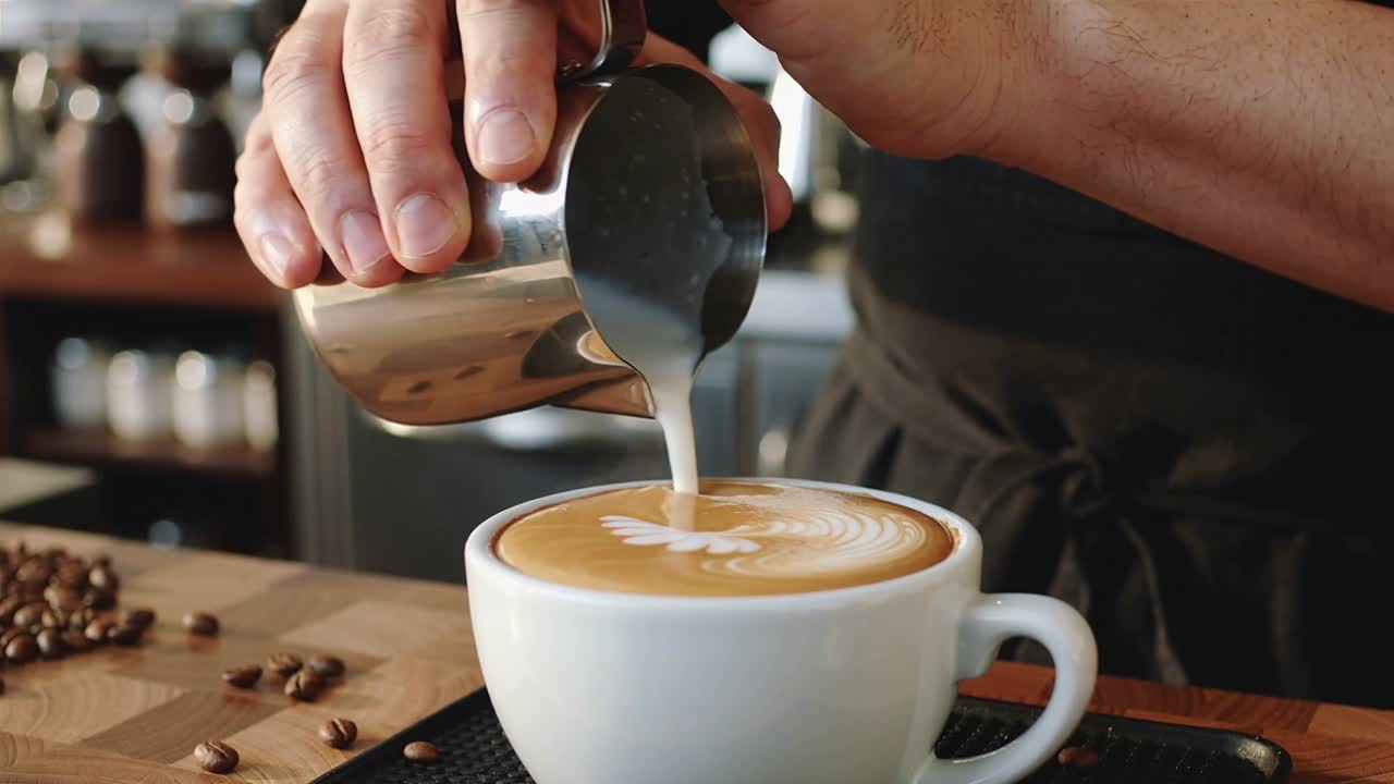 Barista che, indossando un grembiule, versa il latte formando una rosetta nella tazza in un bar con l'espresso pronto.
