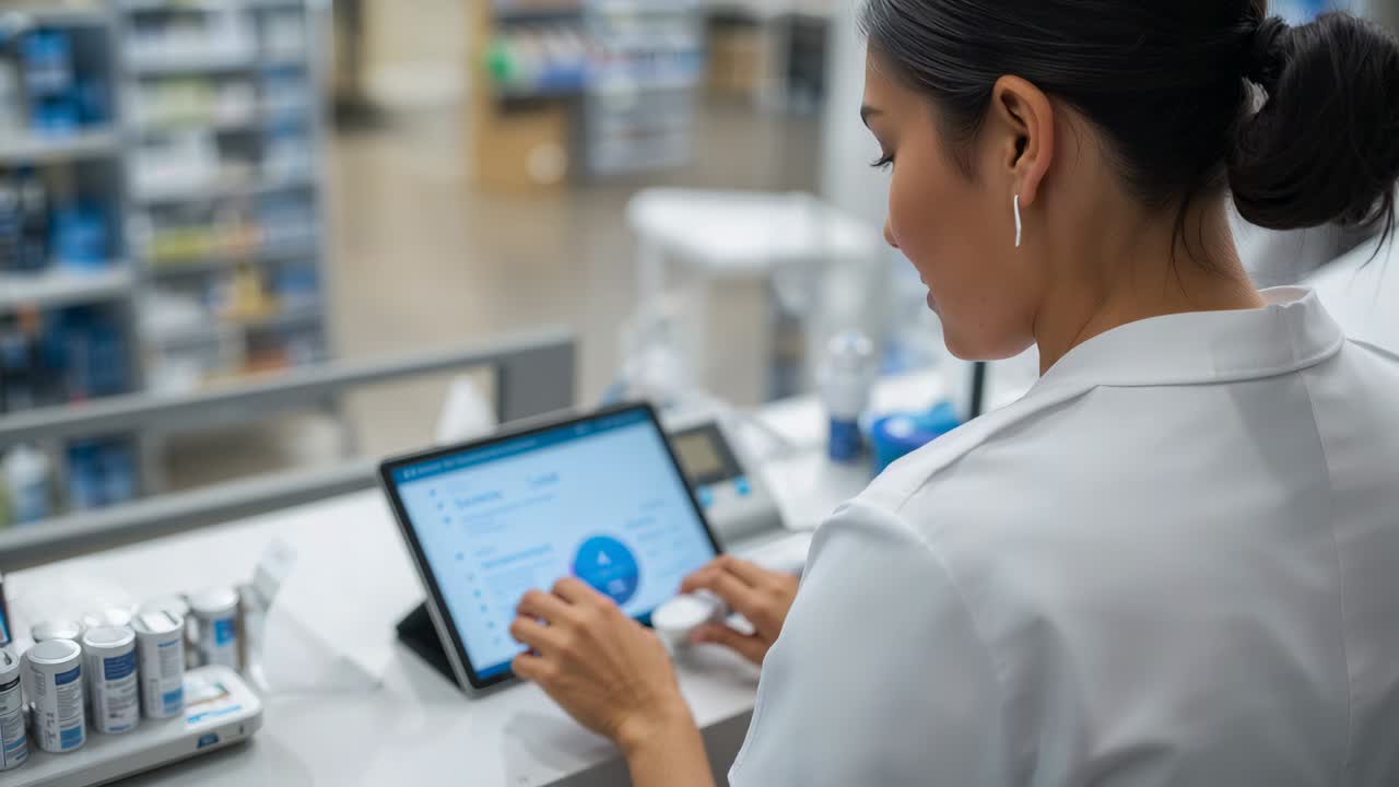 Touching tablet, pharmacist in white coat scanning bottles with scanner at counter, copy space