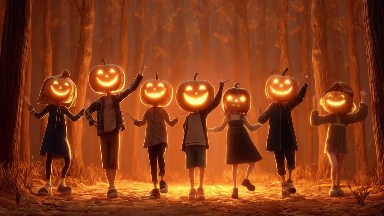 A group of joyful figures wearing glowing pumpkin heads celebrate in a magical forest during a festive autumn evening, illuminated by the warm light of their smiles