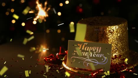 Animation-of-happy-new-year-text-on-gold-tag-with-gold-party-hat