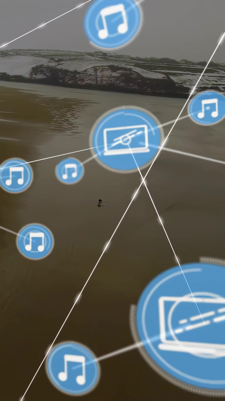 Vertical video: AR overlay entering left icons growing linking covering sand showing audio network