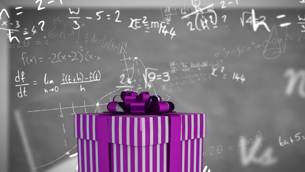 Floating mathematical equations over chalkboard, purple gift box in school animation