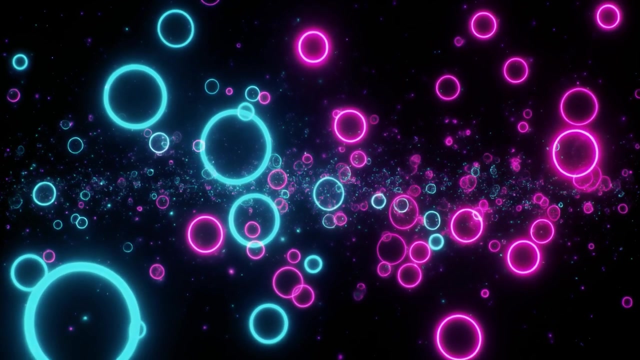 Cerchi al neon fluttuanti su sfondo animato astratto blu e rosa