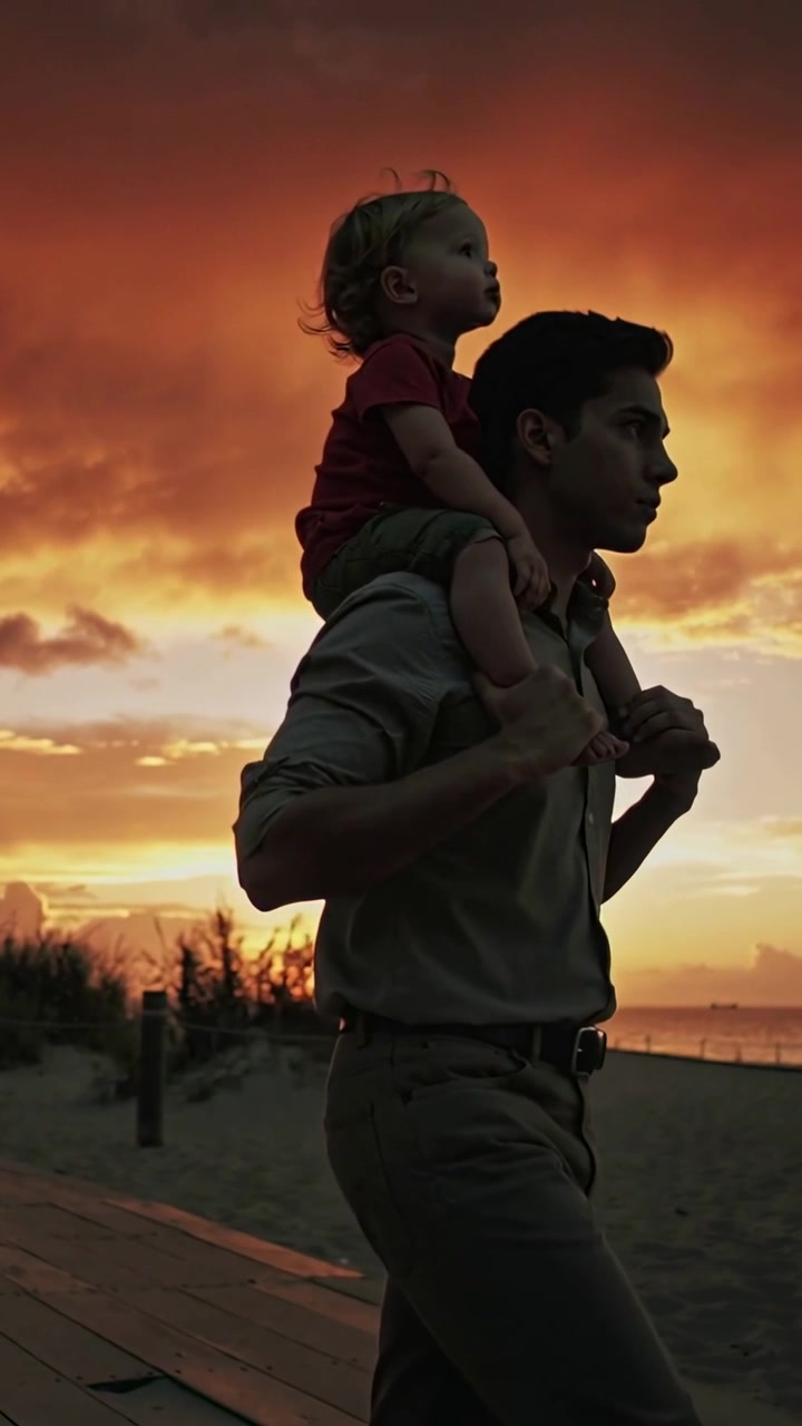 Video verticale: Papà che cammina portando un bambino piccolo sulle spalle lungo una passerella verso il tramonto.