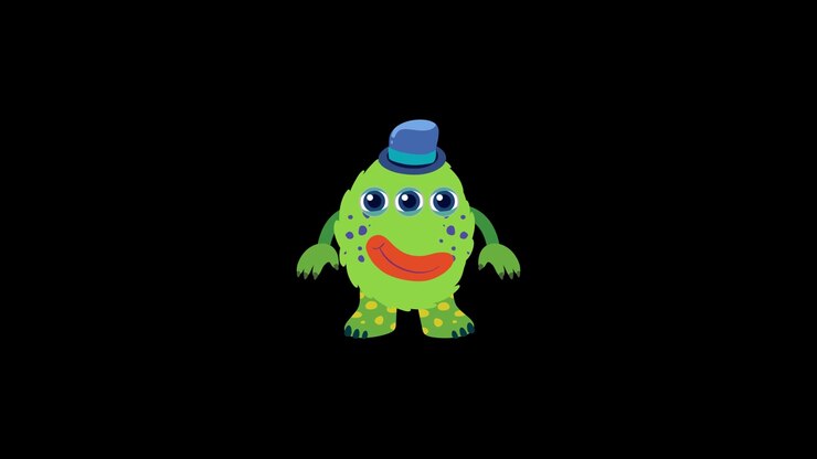 A cheerful green monster with a blue hat dances amid vibrant color changes and dynamic transitions