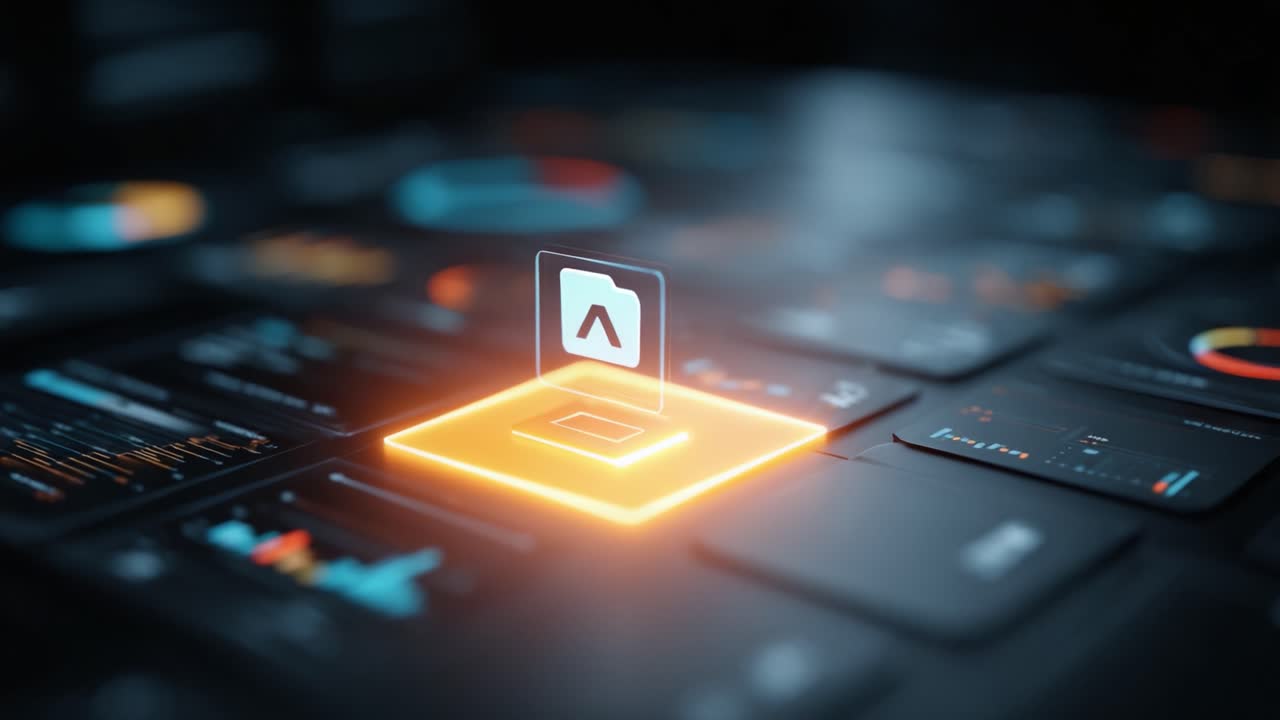 Dynamic Visualization Interface Showcasing Data Interaction with Highlighted Icons and Graphical Elements in a Futuristic Digital Environment