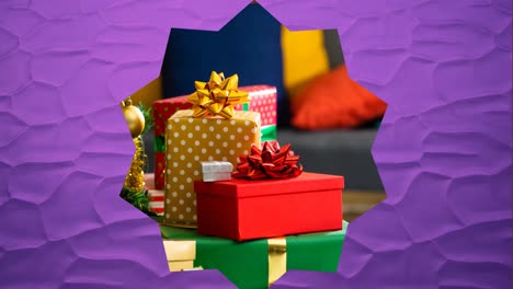animación de marco en forma de estrella con regalos de navidad en el fondo
