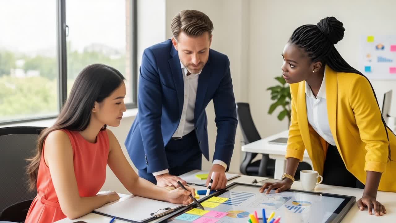 Engaging Team Collaboration: Professionals Analyzing Data and Strategies in a Modern Office Setting, Fostering Innovation and Problem-Solving Through Effective Communication