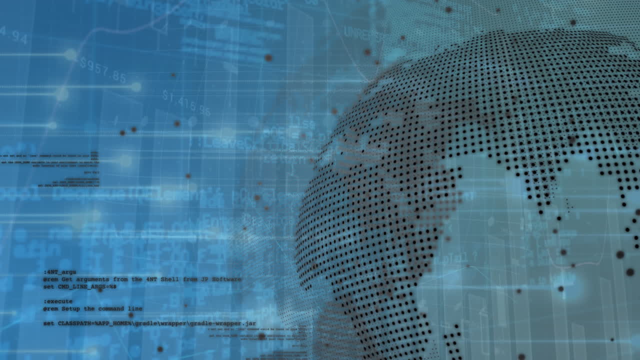 Animation of computer language and rotating globe over illuminated dots and graphs