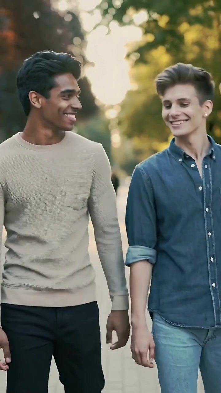 Video verticale: Due uomini che camminano, chiacchierano e sorridono su un sentiero del parco, indossano un maglione beige e una camicia di jeans