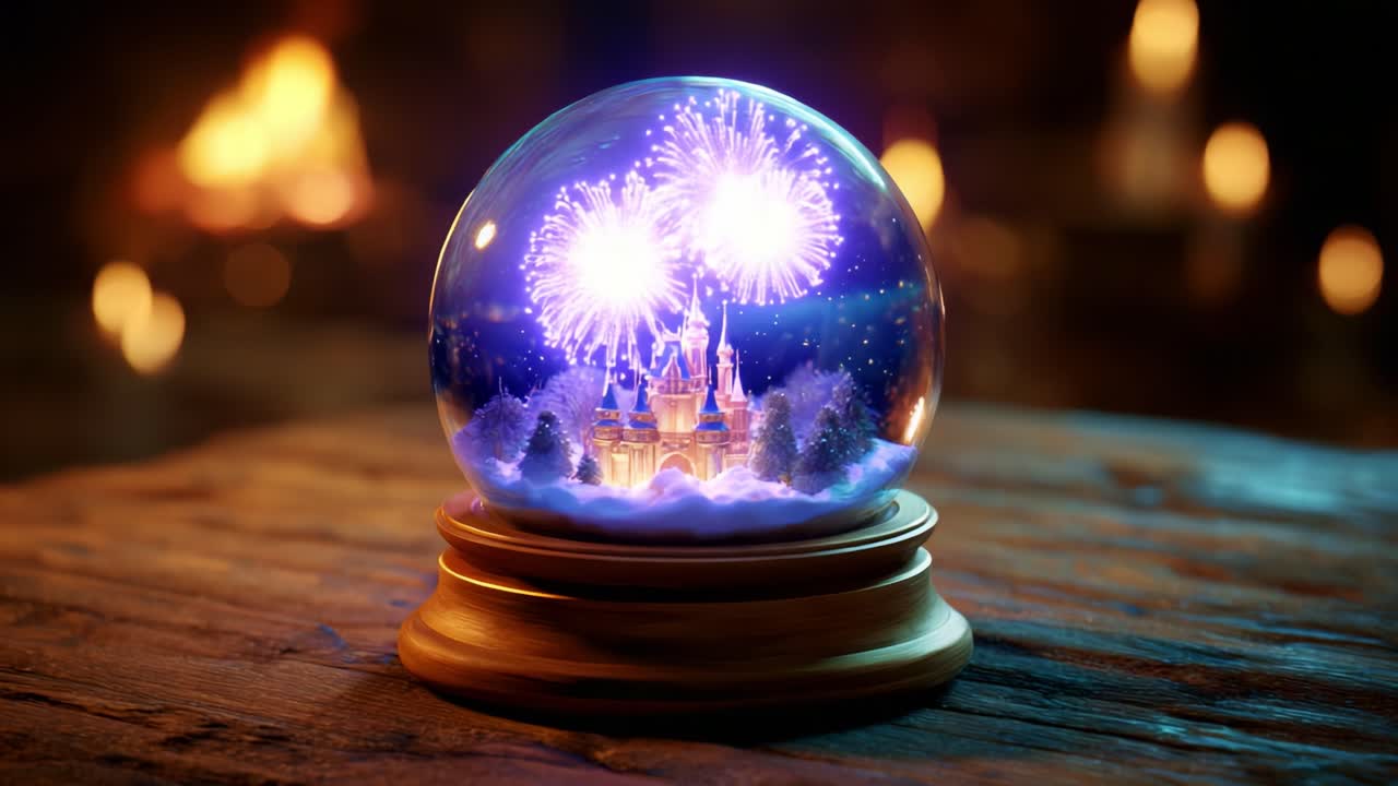 A Magical Snow Globe Featuring a Beautiful Castle Surrounded by Sparkling Fireworks, Set Against a Warm, Glowing Background, Evoking a Sense of Wonder and Enchantment