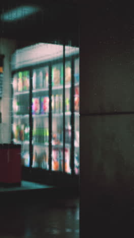 una escena de una noche lluviosa de una tienda con un interior borroso.