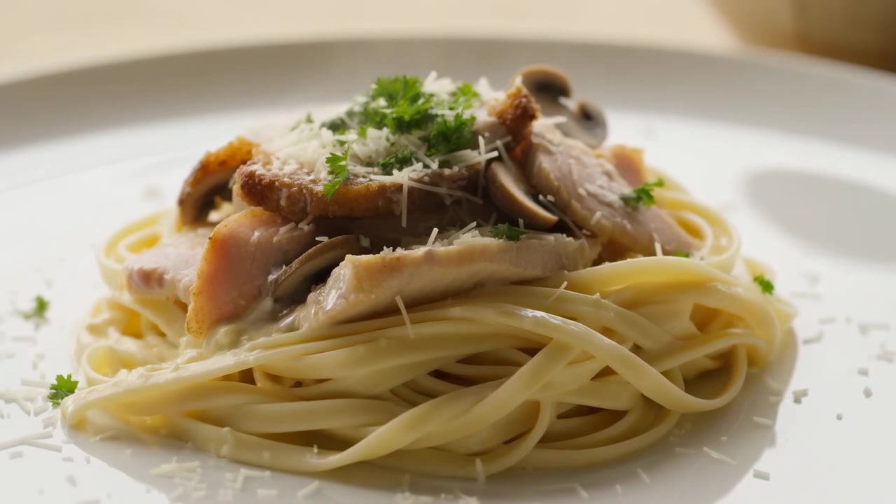 Mezzo primo piano di un nido di fettuccine impiattato, guarnito con pollo a fette dorato e funghi saltati in padella, cosparso di formaggio grattugiato e prezzemolo fresco. Morbido.