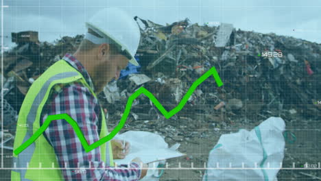 animación de gráfico verde sobre un trabajador de la construcción inspeccionando el vertedero