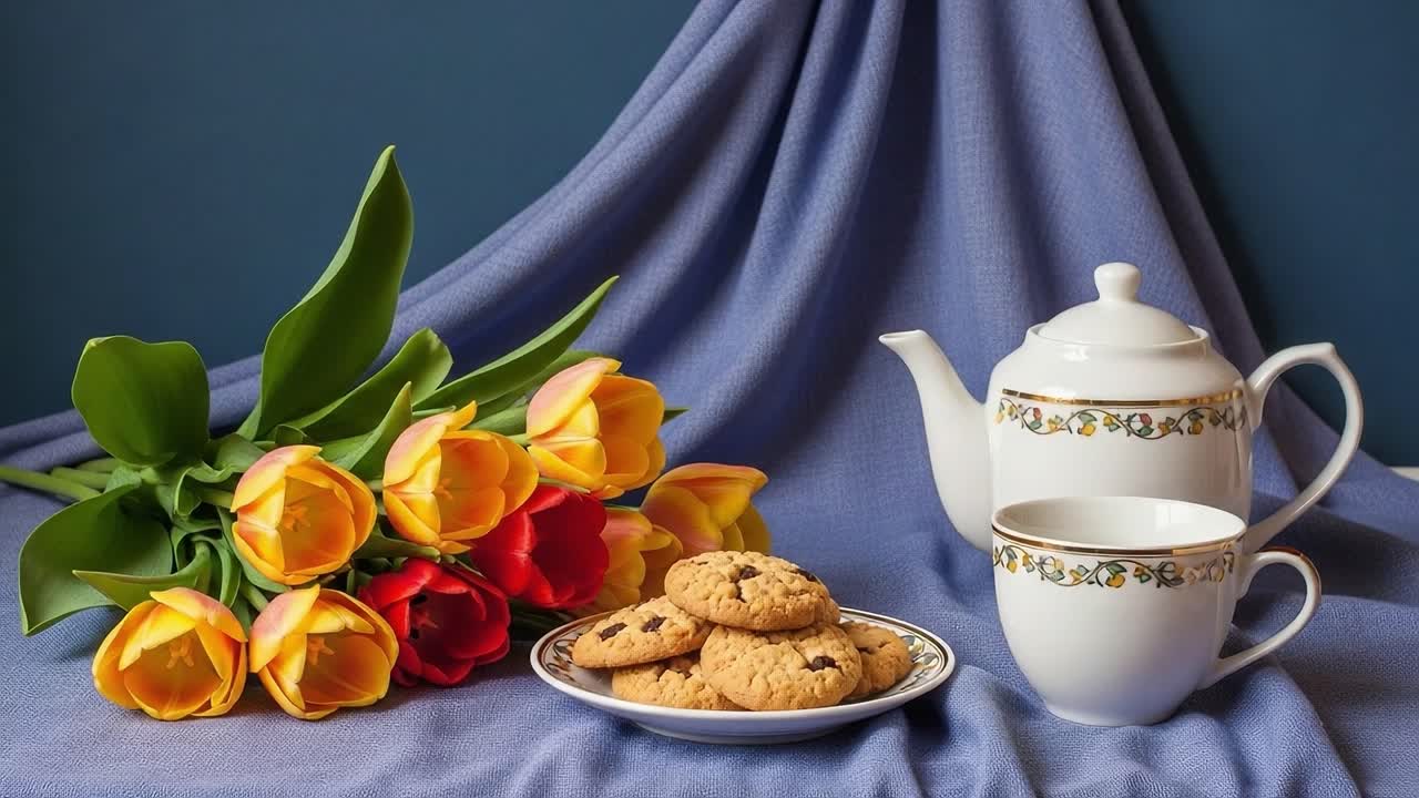 A Cozy Afternoon Tea Setup with Vibrant Tulips and Fresh Cookies: A Perfect Blend of Comfort and Delight