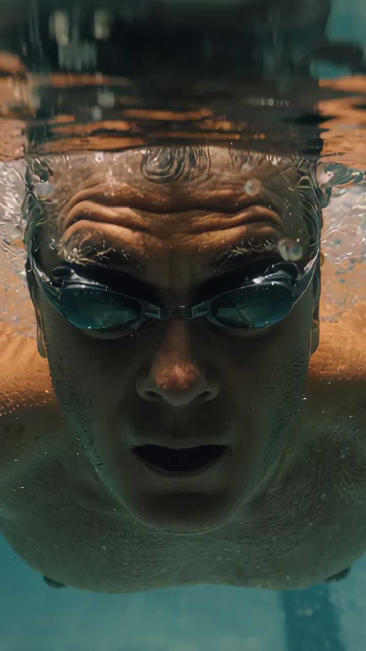 Vertical video: Pushing off wall, senior swimmer with goggles gliding in pool for sleek form