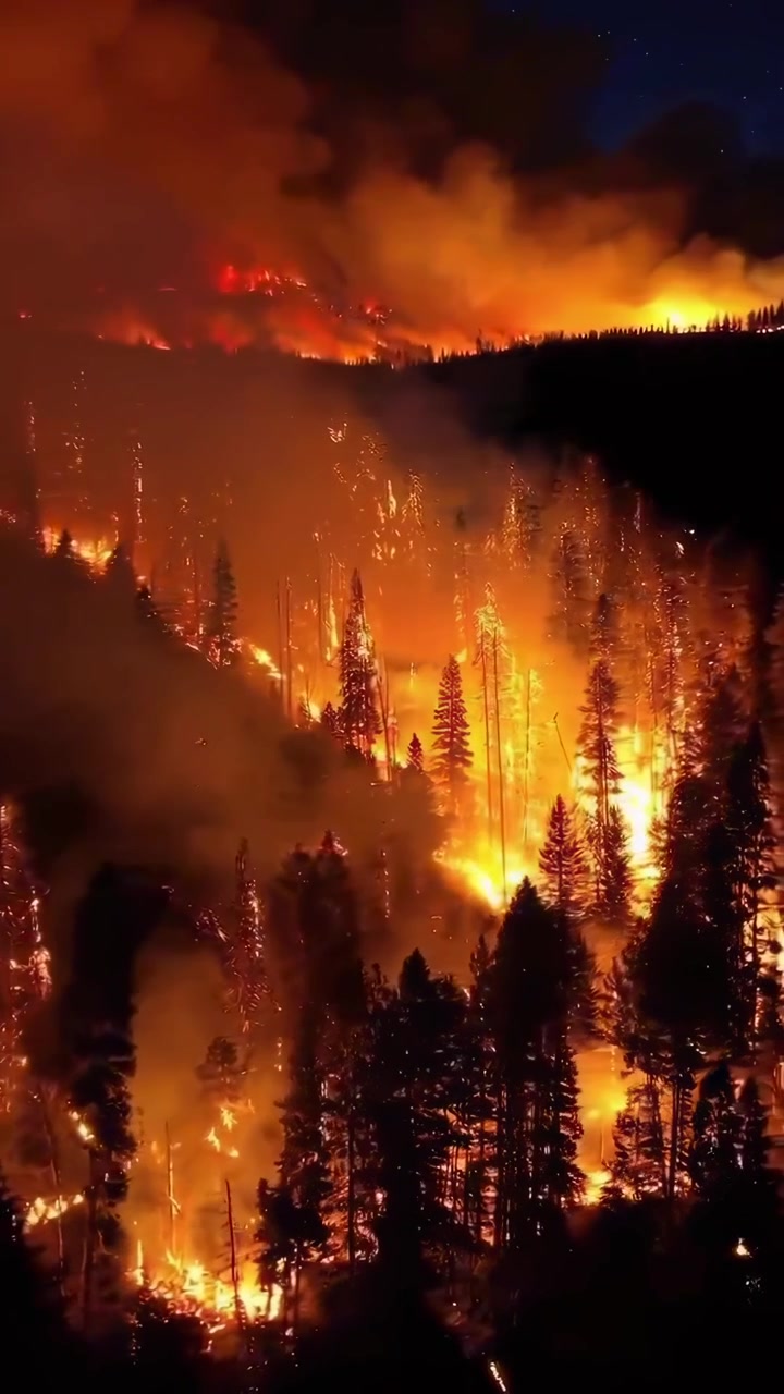 Vista aerea di un incendio forestale notturno