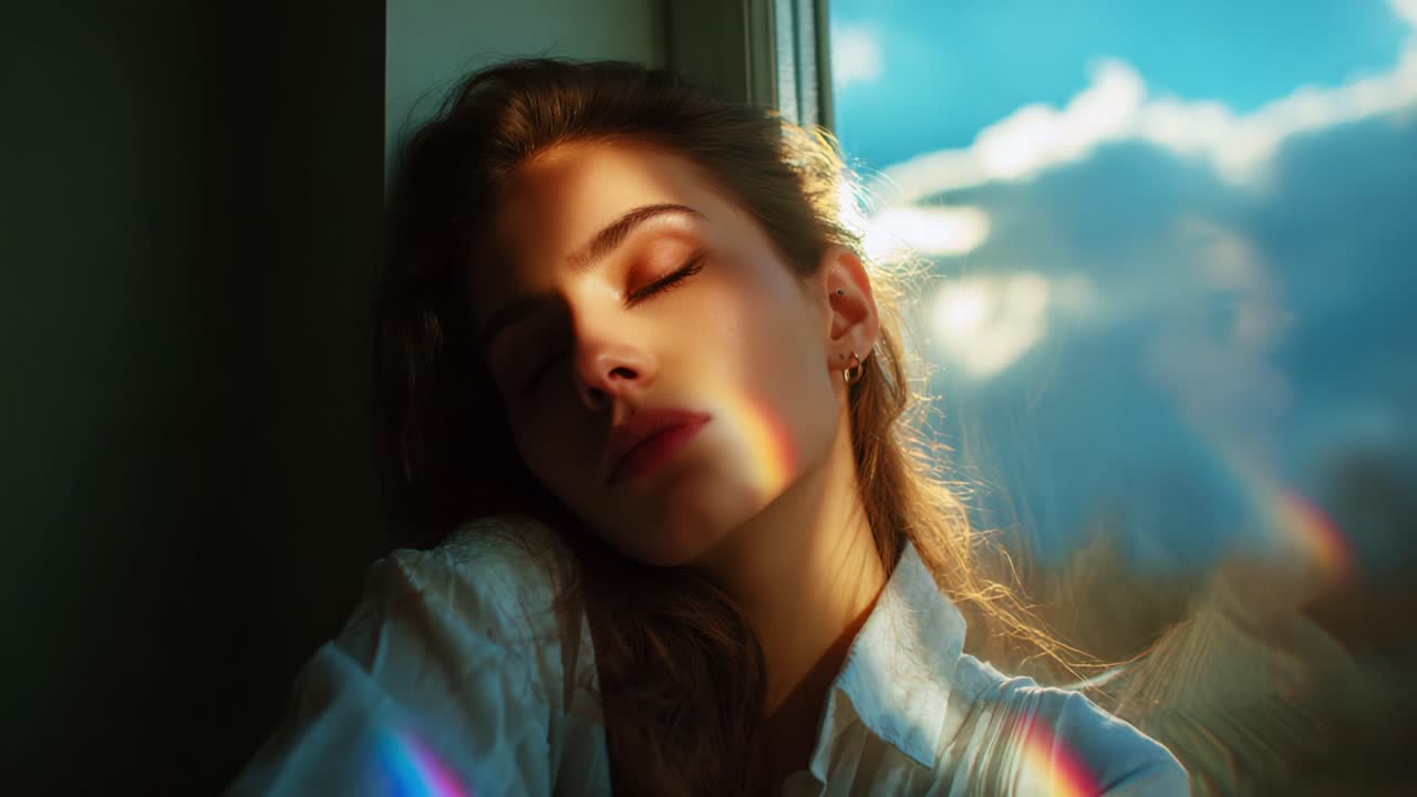 A Serene Moment Captured: A Young Woman with Closed Eyes Relaxing by the Window, Bathed in Soft Natural Light and Beautiful Rainbow Reflections from the Glass, Evoking Tranquility and Peace
