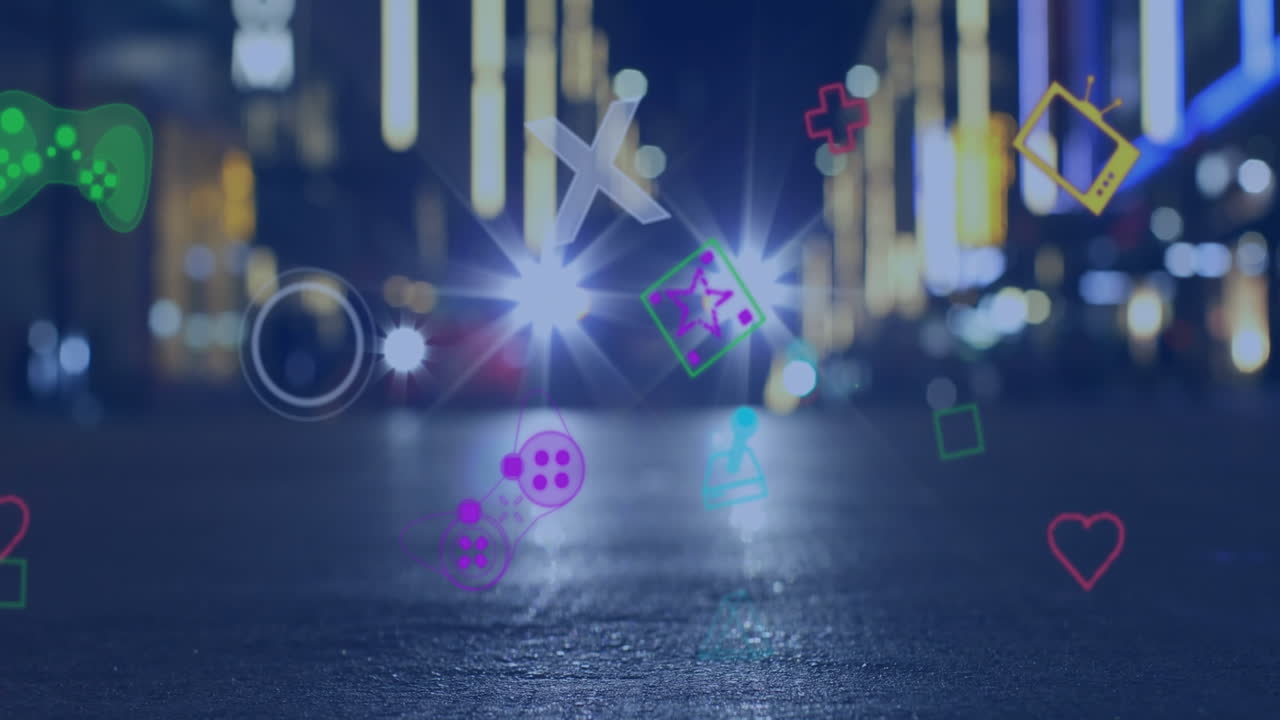 밤에는 도시 교통에 대항하여 떠다니는 여러 비디오 게임 아이콘의 애니메이션