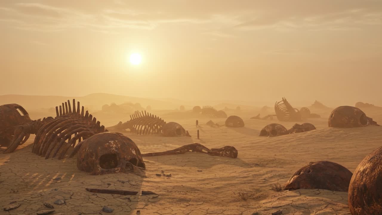 A desolate landscape filled with ancient skeletal remains and sunlit horizons, evoking a sense of decay and the mysteries of a long-lost world