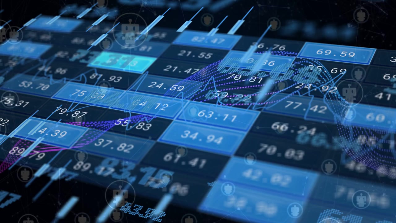 Waveform arching across 3D data grid, tiles pulsing, numbers updating, visualizing market trends