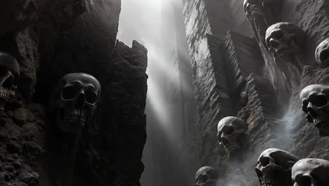 cráneos en una cueva con una cascada en el fondo