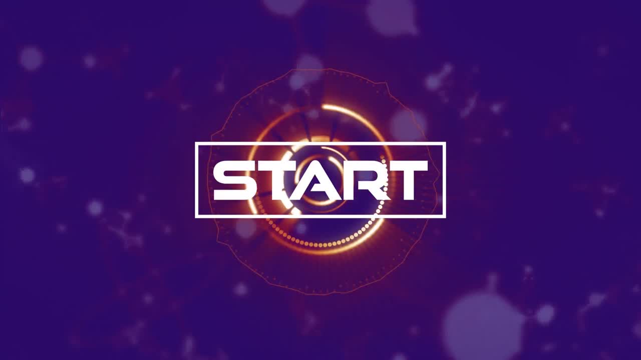 Animation of start text over scope scanning on purple background