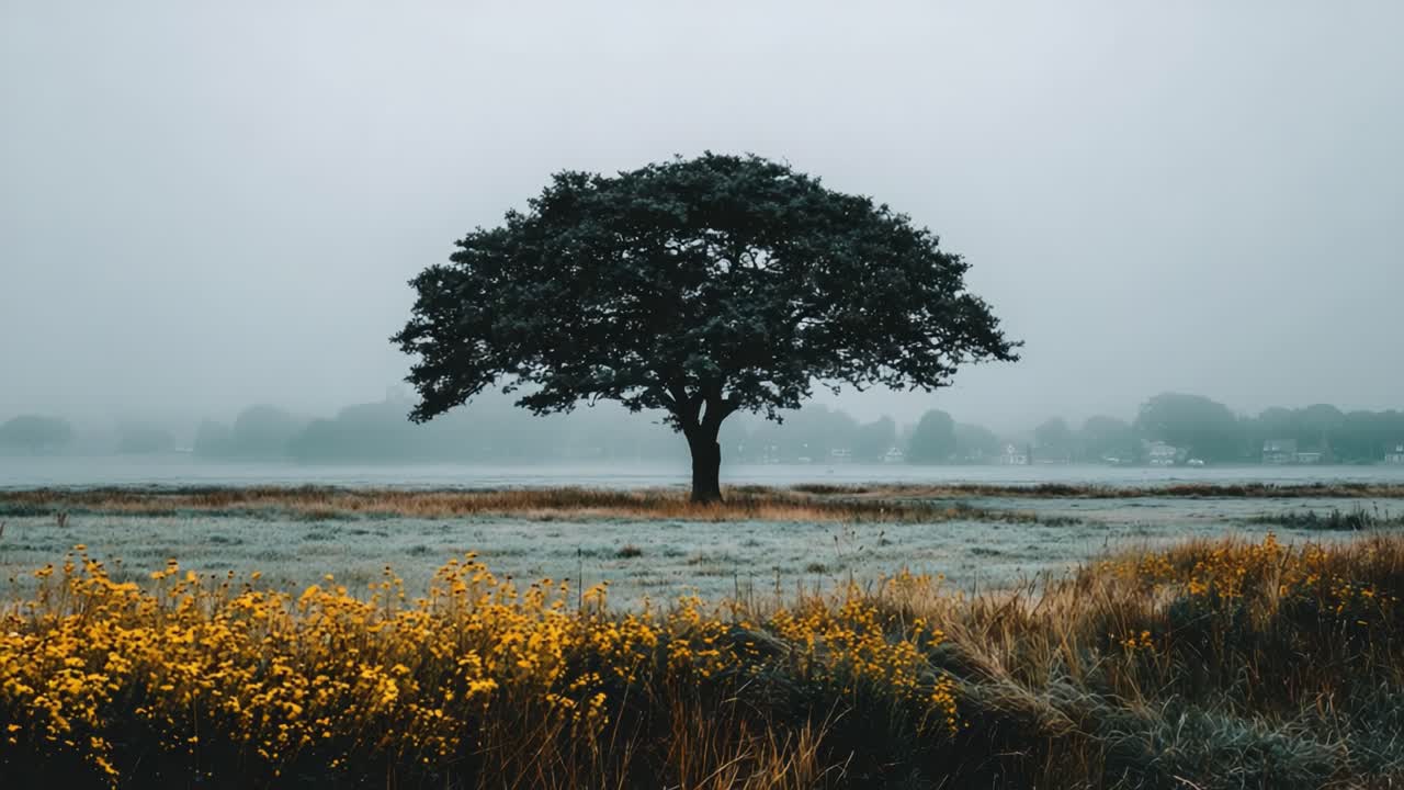 A Serene Landscape Featuring a Majestic Tree Surrounded by Golden Flowers on a Misty Morning, Emphasizing Nature's Tranquility and Beauty