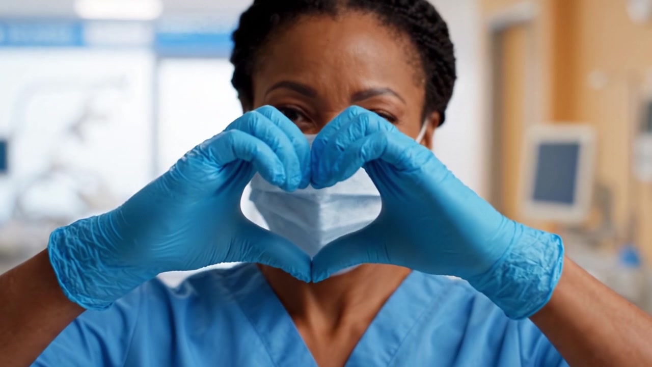 Un professionista sanitario dedicato mostra compassione e cura in un ambiente clinico, evidenziando l'importanza della connessione e del supporto nell'assistenza al paziente attraverso gesti sentiti.