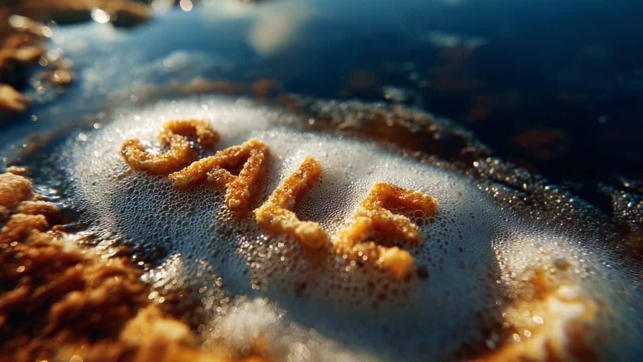 Close-up View of the Word 'SALE' Formed with Sand in Bubble-Laden Water, Capturing the Essence of Discount Promotions Amid a Beachy Environment