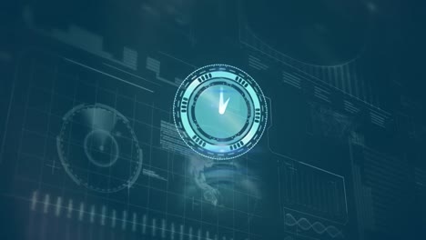 neon blue clock ticking against digital interface with data processing on blue background