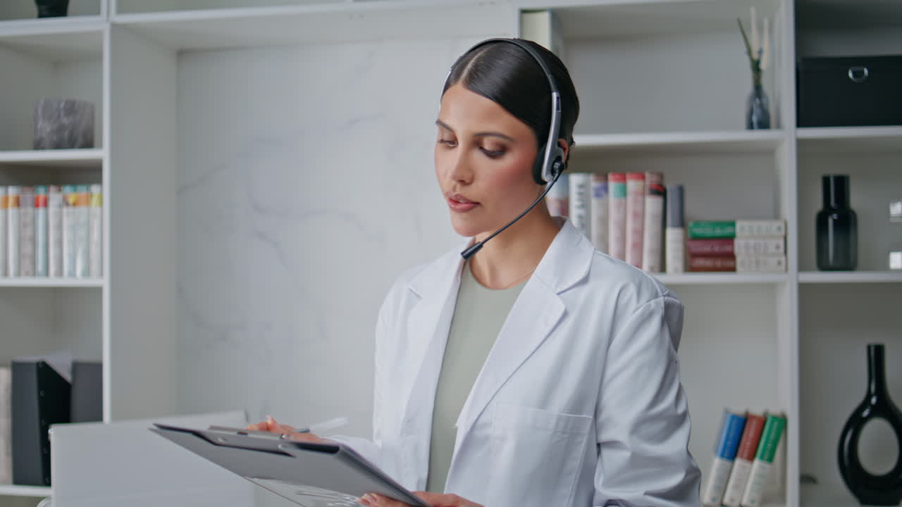Doctor working call center wearing headset in clinic closeup. Woman doctor