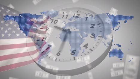 animation of clock with waving flag of america over map against abstract background