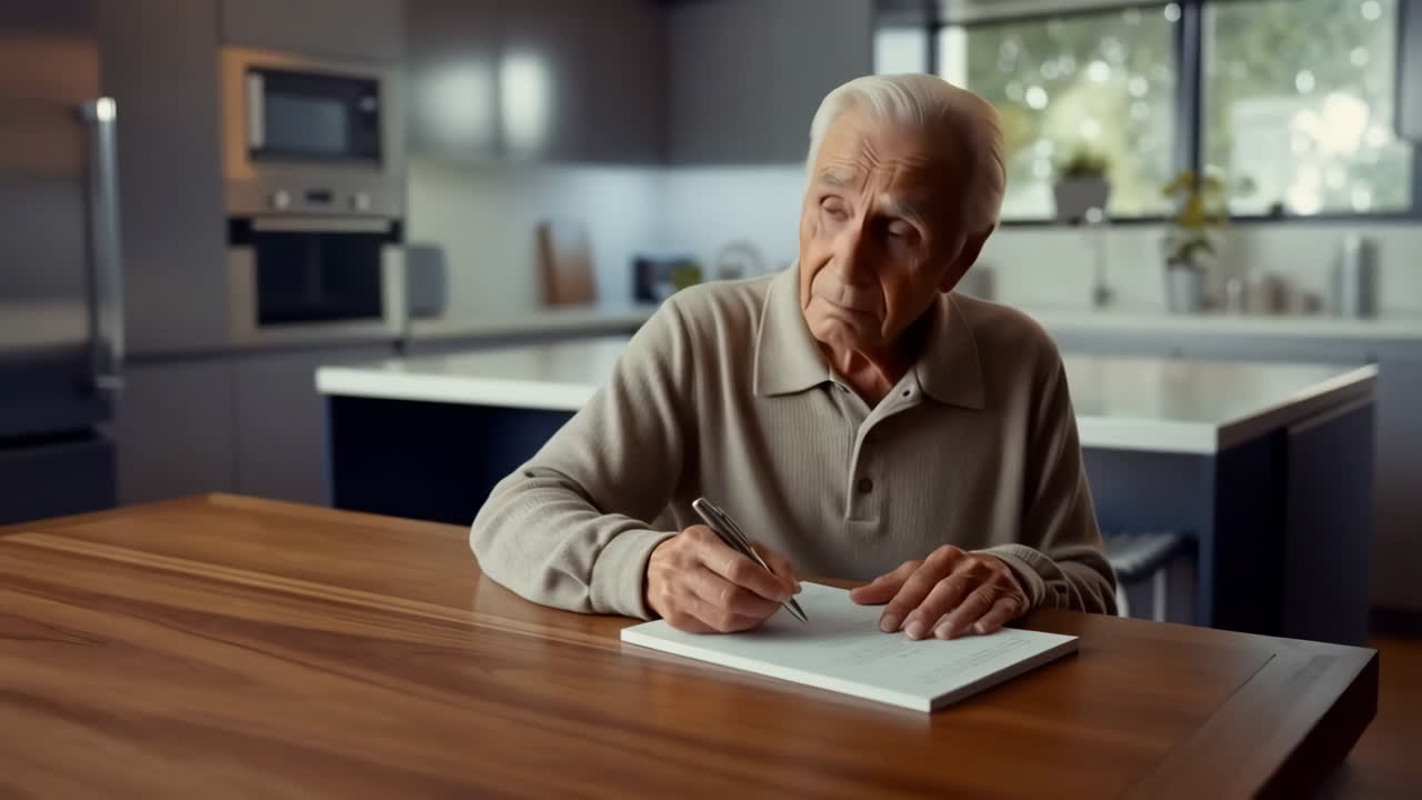 Elderly man writing at table in kitchen