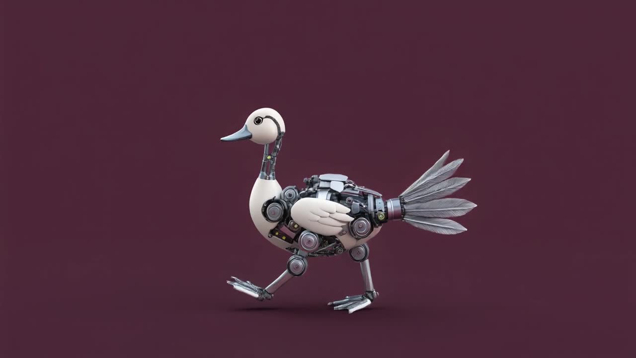 3D-animeret robotfugl går på en lilla baggrund.