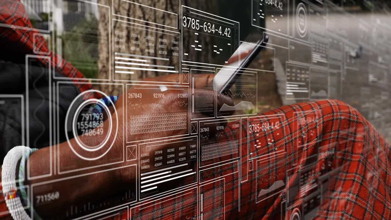 Man wearing red wrap tapping smartphone outdoors and swiping through floating tech analytics panels