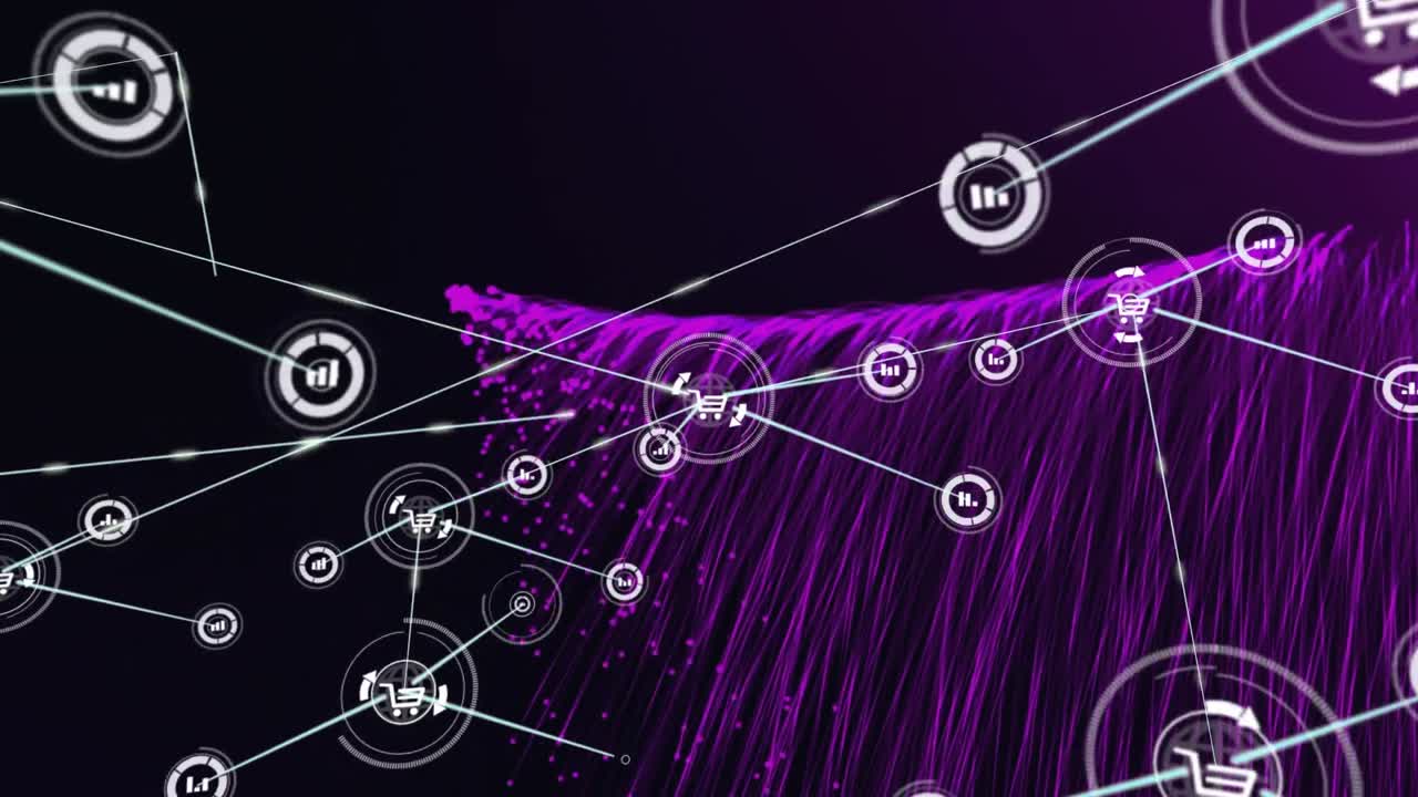 Animation of network of connections with digital icons over purple light trails