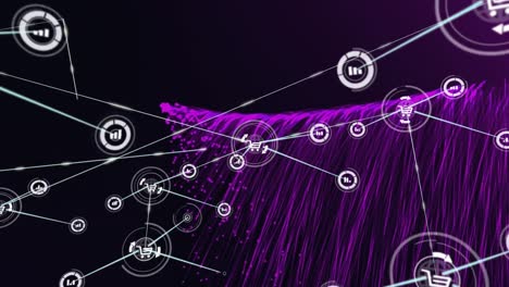 Animation-Eines-Netzwerks-Von-Verbindungen-Mit-Digitalen-Symbolen-über-Violetten-Lichtspuren