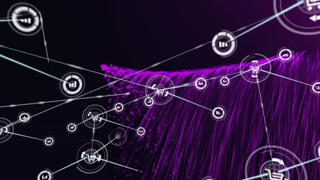 animation of network of connections with digital icons over purple light trails