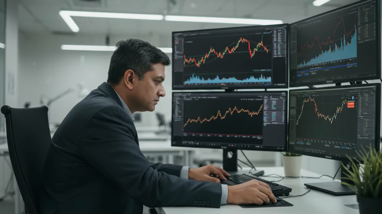 Professional Trader Analyzing Stock Market Trends on Multiple Monitors in a Modern Office Environment, Focused on Data Insights and Financial Performance Metrics