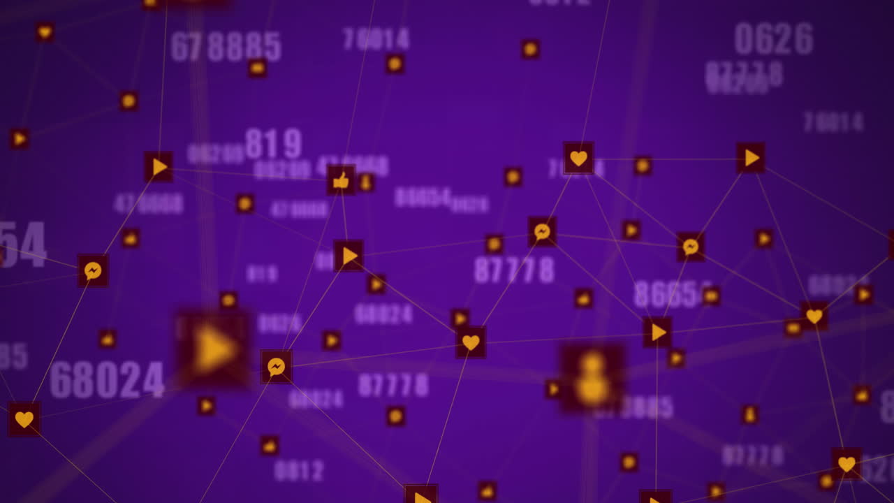 animación de múltiples números cambiantes y red de iconos digitales contra un fondo púrpura