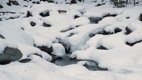 wide view glaciar water brook flowing through snow covered rocks